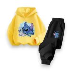 Close-up of Disney Stitch graphic on kids’ red hoodie with matching black joggers