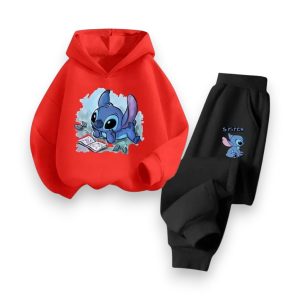 Front view of red Disney Stitch hoodie and jogger set for young Disney fans
