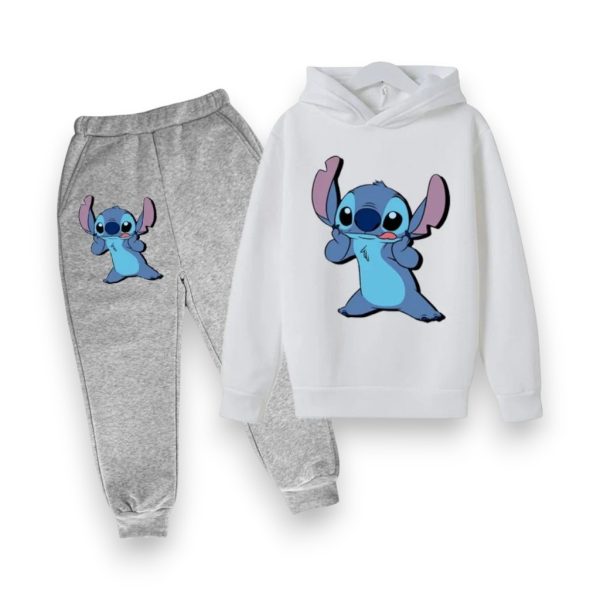 White hoodie and gray joggers set featuring Stitch character for kids, part of Lilo & Stitch matching outfit.